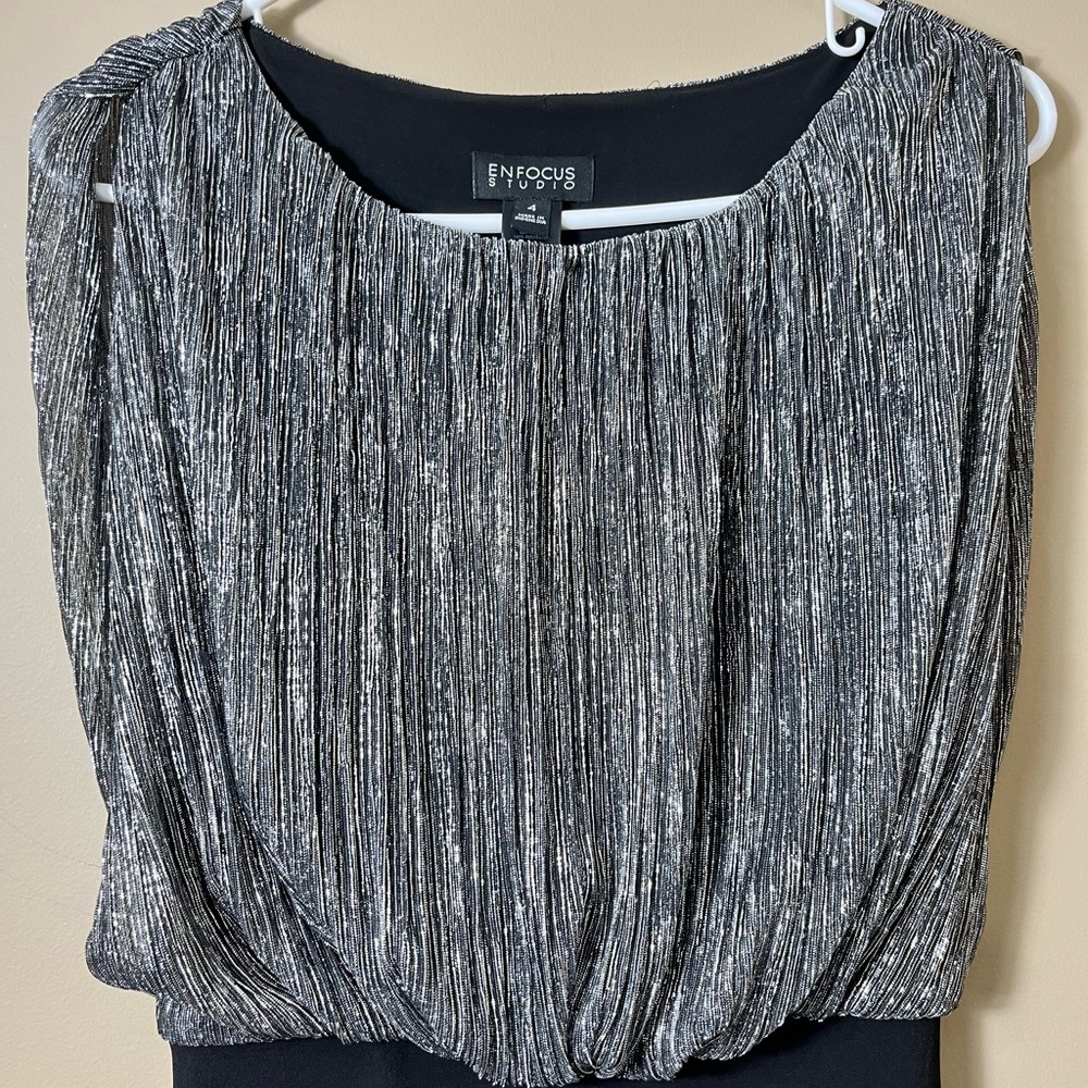 Enfocus Studio Silver Black Blouson Dress Size 4 Tiered Y2k Party Cocktail - Picture 4 of 10